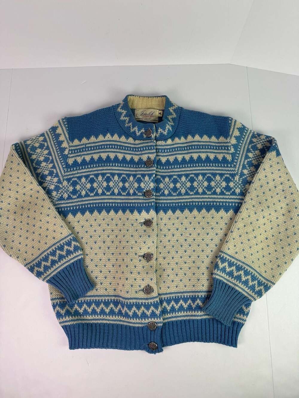 Vintage Jersild 100% Virgin Wool Nordic Fair Isle Cardigan Sweater Size ML